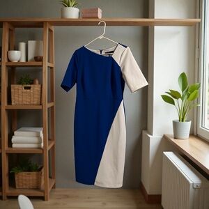Maggy London Blue and Cream Geometric Midi Dress